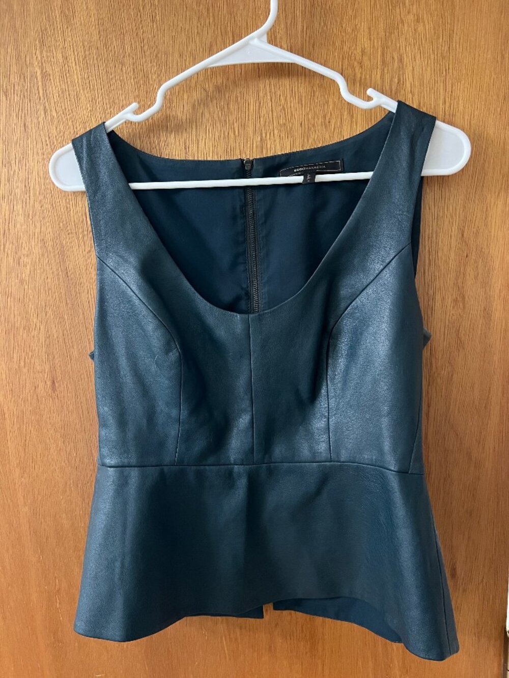BCBGMAXAZRIA "Tori" Style Navy Blue Faux Leather Peplum Top